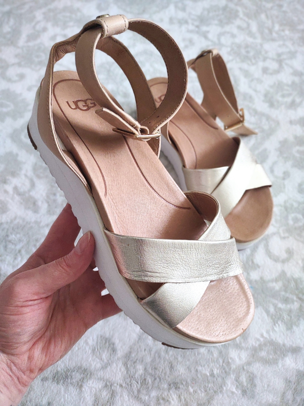 UGG Metallic Champagne Leather Platform Sandals